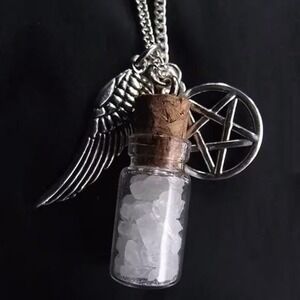 Supernatural Protection Necklace Silver Pentagram Angel Wing Vial Goth Charm NEW